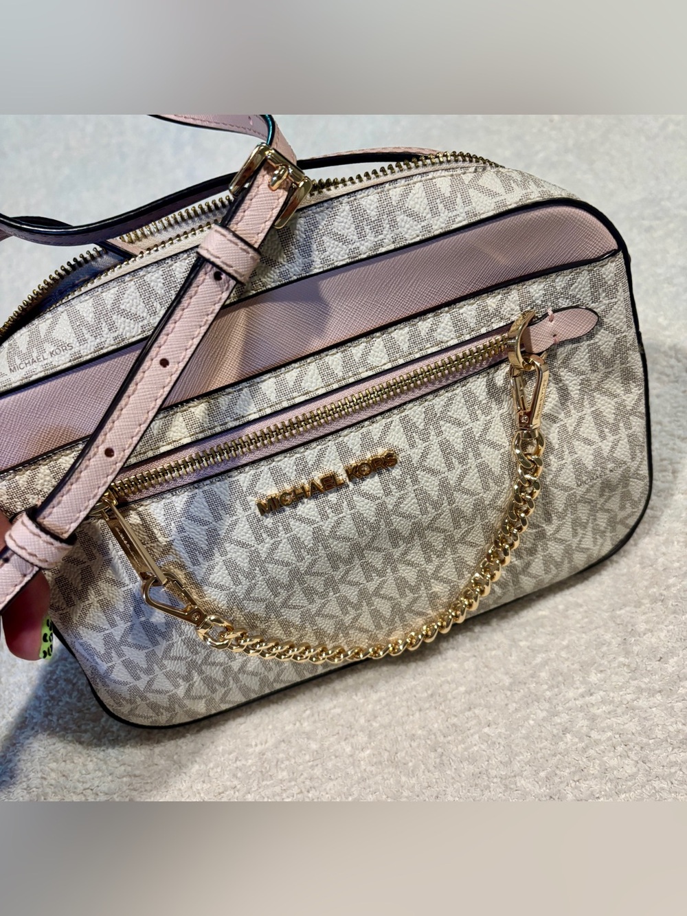 Michael Kors Pink Trim Signature Logo Crossbody with Gold Chain